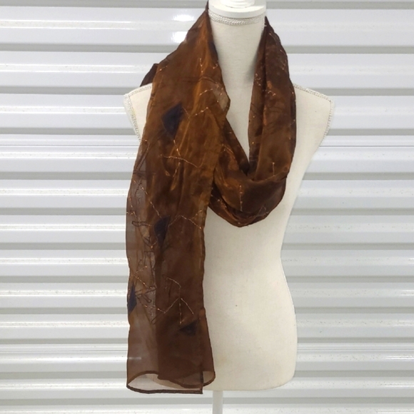 Scarf Adorned W Silk Appliques Embroidery Sequins Copper Chiffon - Picture 10 of 11